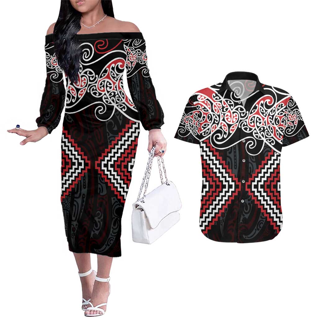 Red Aotearoa Tukutuku Manawa Tapu Couples Matching Off The Shoulder Long Sleeve Dress and Hawaiian Shirt Ta Moko Toi Maori LT9 Red - Polynesian Pride
