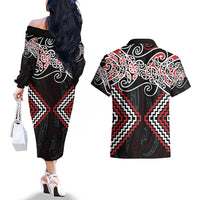 Red Aotearoa Tukutuku Manawa Tapu Couples Matching Off The Shoulder Long Sleeve Dress and Hawaiian Shirt Ta Moko Toi Maori LT9 - Polynesian Pride