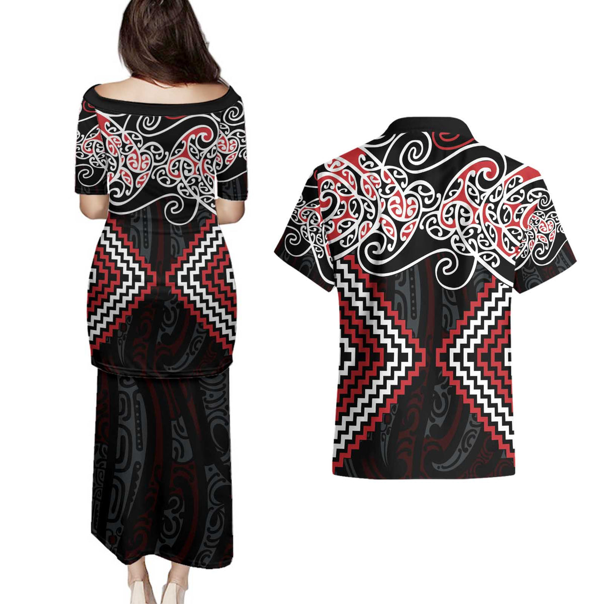Red Aotearoa Tukutuku Manawa Tapu Couples Matching Puletasi and Hawaiian Shirt Ta Moko Toi Maori LT9 - Polynesian Pride