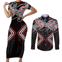 Red Aotearoa Tukutuku Manawa Tapu Couples Matching Short Sleeve Bodycon Dress and Long Sleeve Button Shirt Ta Moko Toi Maori LT9 Red - Polynesian Pride