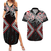 Red Aotearoa Tukutuku Manawa Tapu Couples Matching Summer Maxi Dress and Hawaiian Shirt Ta Moko Toi Maori LT9 Red - Polynesian Pride