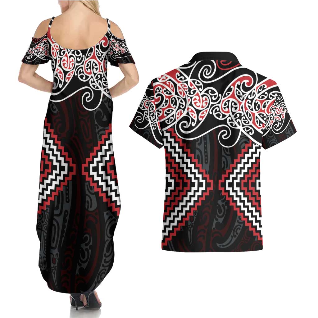 Red Aotearoa Tukutuku Manawa Tapu Couples Matching Summer Maxi Dress and Hawaiian Shirt Ta Moko Toi Maori LT9 - Polynesian Pride