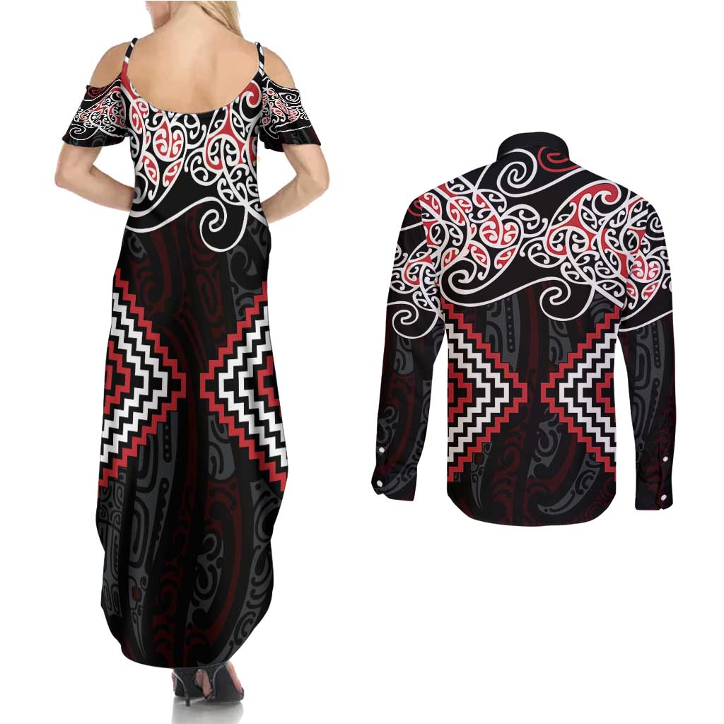 Red Aotearoa Tukutuku Manawa Tapu Couples Matching Summer Maxi Dress and Long Sleeve Button Shirt Ta Moko Toi Maori LT9 - Polynesian Pride