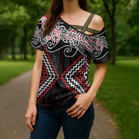 Red Aotearoa Tukutuku Manawa Tapu Cross Shoulder Shirt Ta Moko Toi Maori - Polynesian Pride