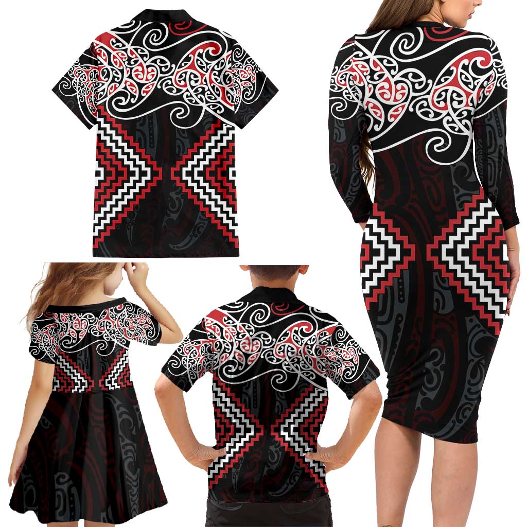 Red Aotearoa Tukutuku Manawa Tapu Family Matching Long Sleeve Bodycon Dress and Hawaiian Shirt Ta Moko Toi Maori LT9 - Polynesian Pride