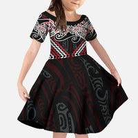 Red Aotearoa Tukutuku Manawa Tapu Family Matching Off The Shoulder Long Sleeve Dress and Hawaiian Shirt Ta Moko Toi Maori LT9 Daughter's Dress Red - Polynesian Pride