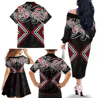 Red Aotearoa Tukutuku Manawa Tapu Family Matching Off The Shoulder Long Sleeve Dress and Hawaiian Shirt Ta Moko Toi Maori LT9 - Polynesian Pride