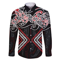 Red Aotearoa Tukutuku Manawa Tapu Family Matching Off The Shoulder Long Sleeve Dress and Hawaiian Shirt Ta Moko Toi Maori LT9 Dad's Shirt - Long Sleeve Red - Polynesian Pride
