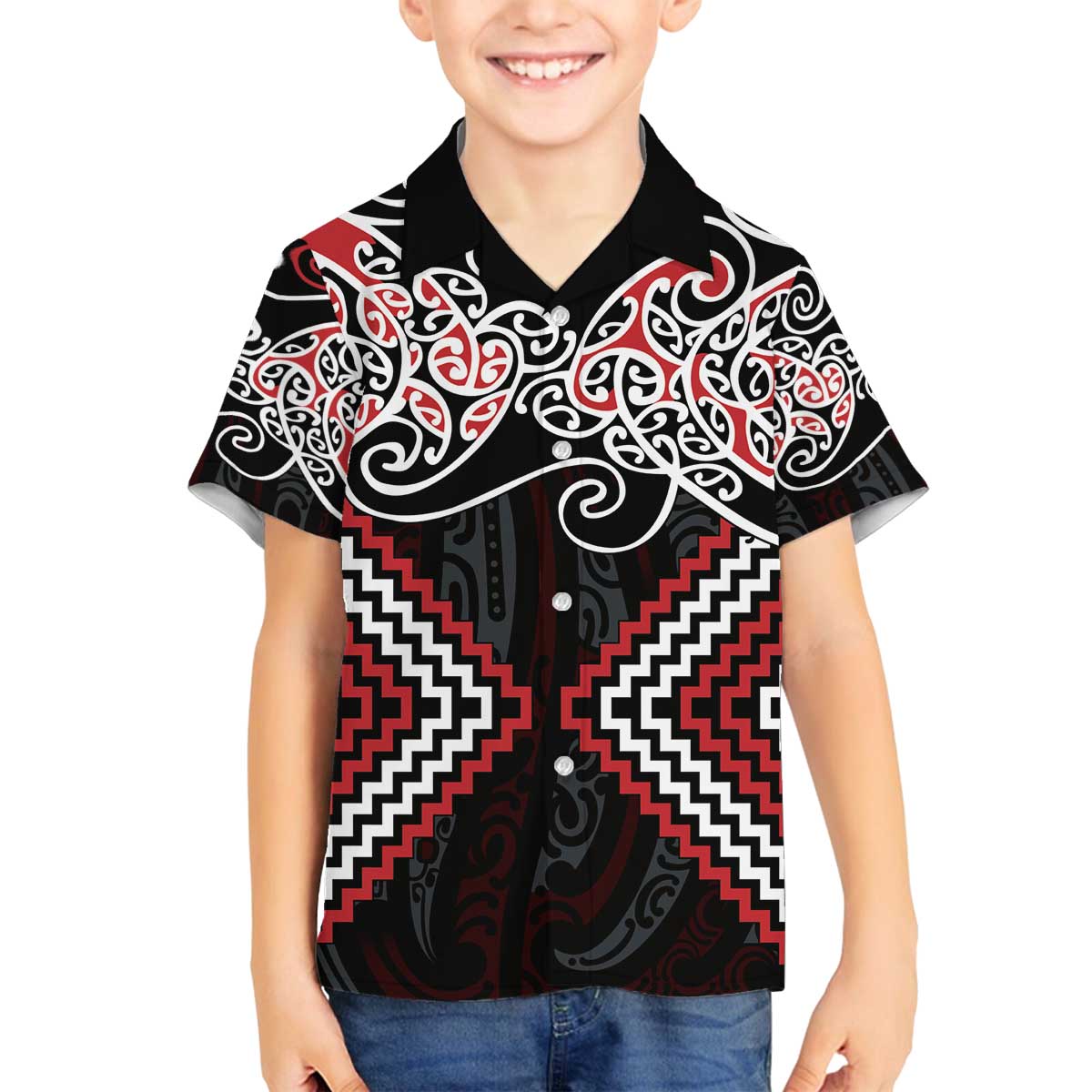 Red Aotearoa Tukutuku Manawa Tapu Family Matching Off The Shoulder Long Sleeve Dress and Hawaiian Shirt Ta Moko Toi Maori LT9 Son's Shirt Red - Polynesian Pride