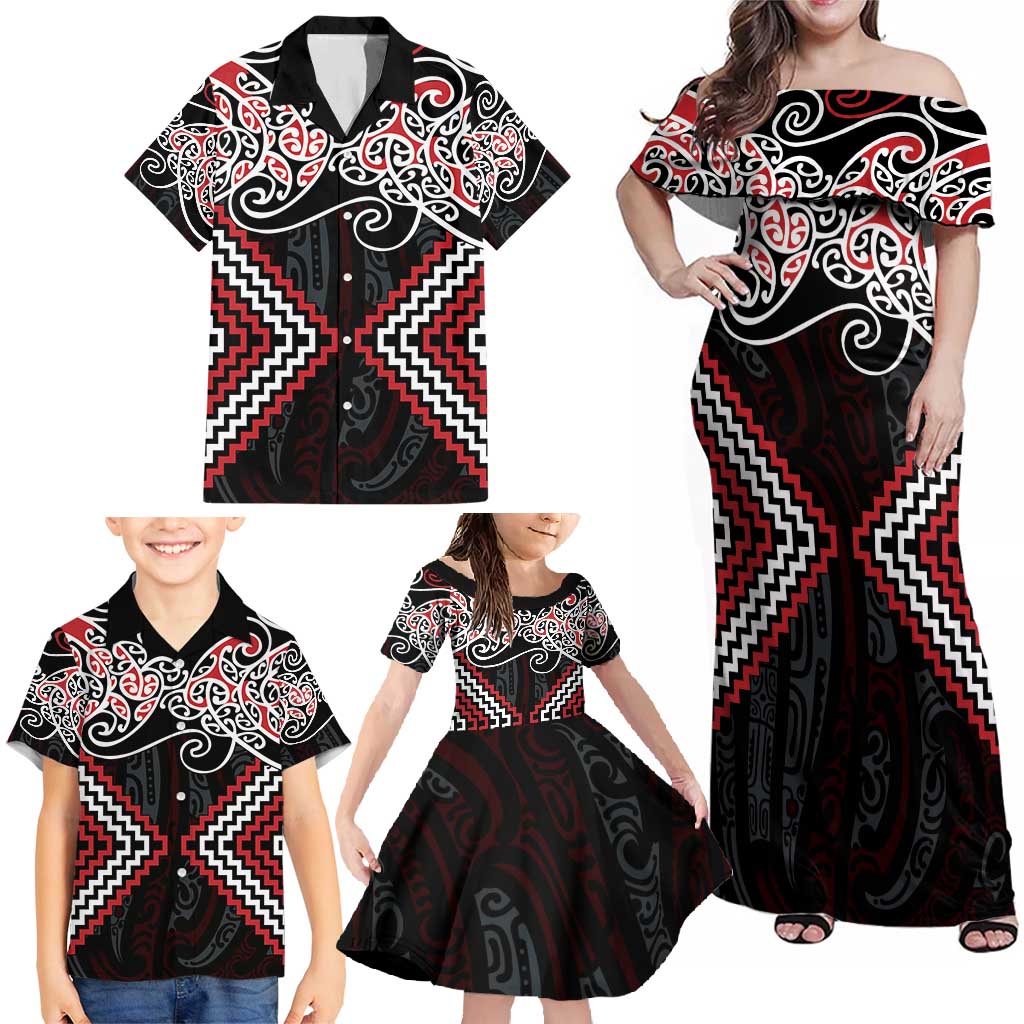 Red Aotearoa Tukutuku Manawa Tapu Family Matching Off Shoulder Maxi Dress and Hawaiian Shirt Ta Moko Toi Maori LT9 - Polynesian Pride