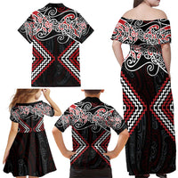 Red Aotearoa Tukutuku Manawa Tapu Family Matching Off Shoulder Maxi Dress and Hawaiian Shirt Ta Moko Toi Maori LT9 - Polynesian Pride