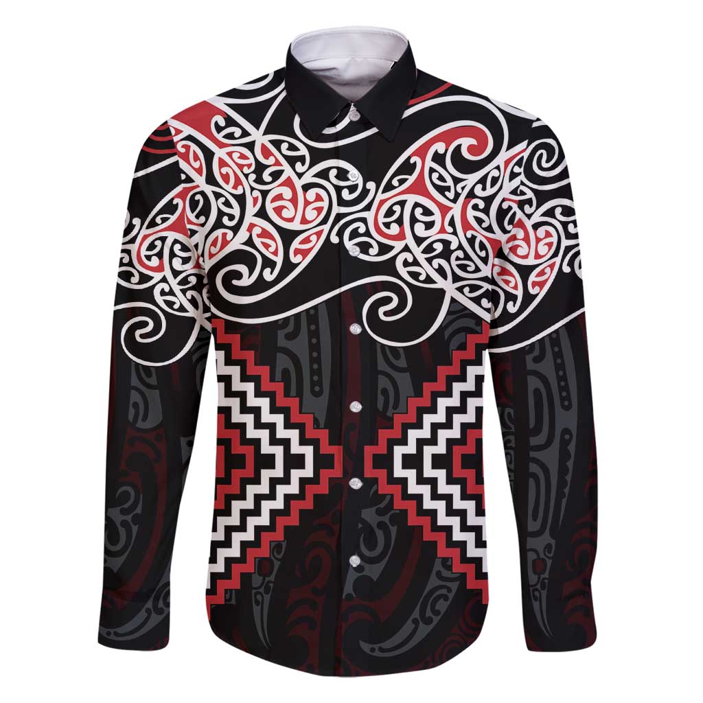 Red Aotearoa Tukutuku Manawa Tapu Family Matching Off Shoulder Maxi Dress and Hawaiian Shirt Ta Moko Toi Maori LT9 Dad's Shirt - Long Sleeve Red - Polynesian Pride