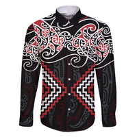 Red Aotearoa Tukutuku Manawa Tapu Family Matching Off Shoulder Maxi Dress and Hawaiian Shirt Ta Moko Toi Maori LT9 Dad's Shirt - Long Sleeve Red - Polynesian Pride