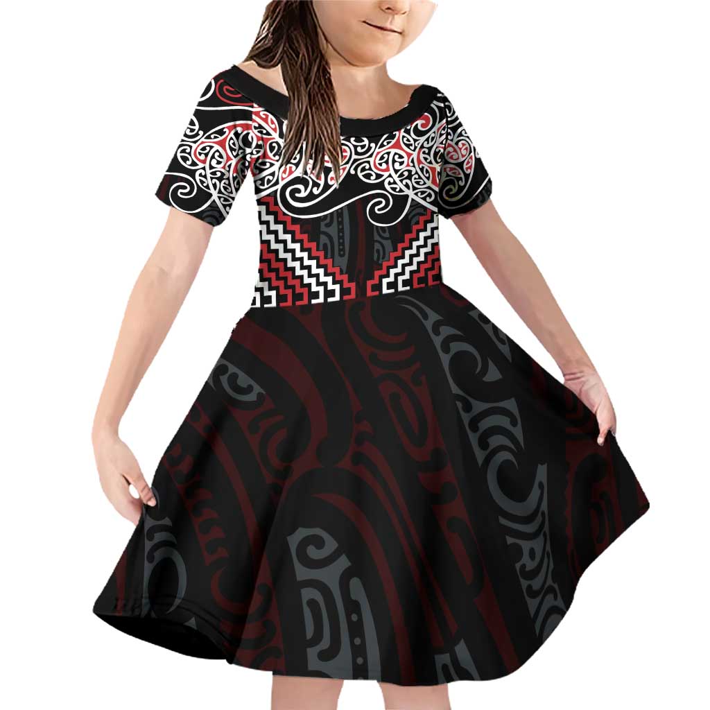 Red Aotearoa Tukutuku Manawa Tapu Family Matching Off Shoulder Short Dress and Hawaiian Shirt Ta Moko Toi Maori LT9 Daughter's Dress Red - Polynesian Pride