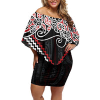 Red Aotearoa Tukutuku Manawa Tapu Family Matching Off Shoulder Short Dress and Hawaiian Shirt Ta Moko Toi Maori LT9 Mom's Dress Red - Polynesian Pride
