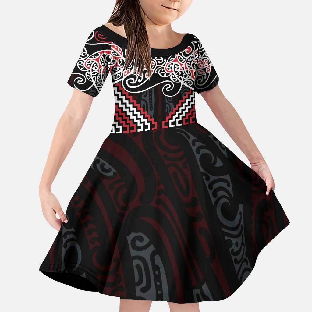 Red Aotearoa Tukutuku Manawa Tapu Family Matching Puletasi and Hawaiian Shirt Ta Moko Toi Maori LT9 Daughter's Dress Red - Polynesian Pride