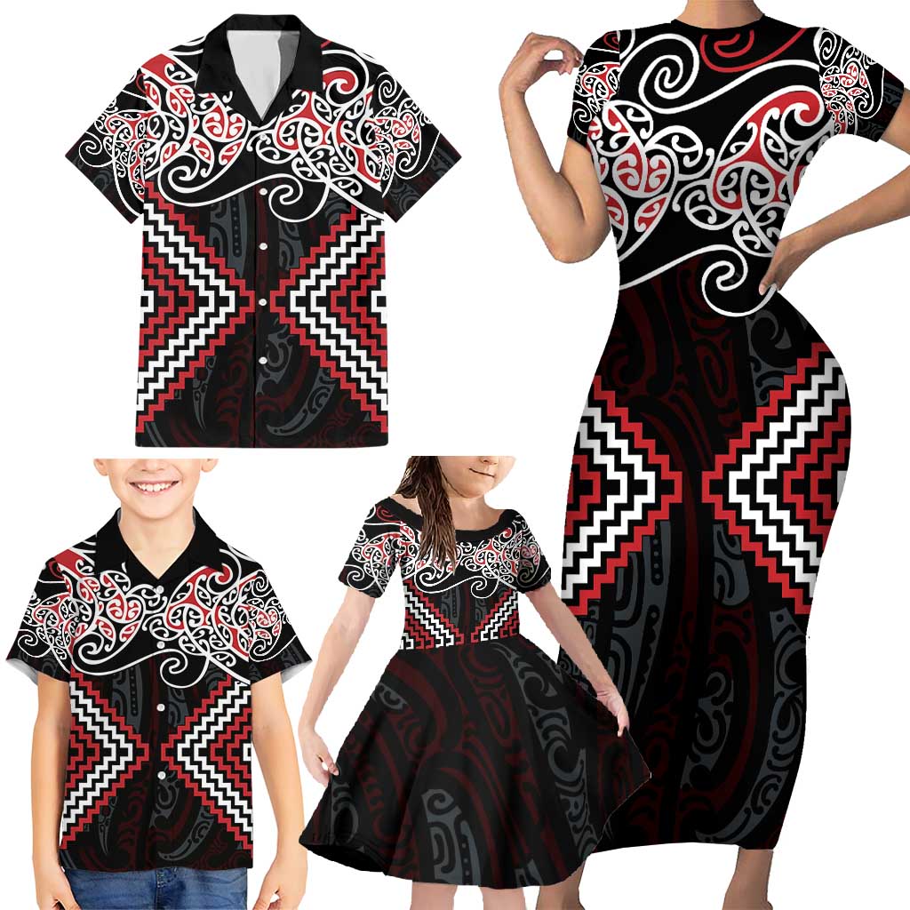 Red Aotearoa Tukutuku Manawa Tapu Family Matching Short Sleeve Bodycon Dress and Hawaiian Shirt Ta Moko Toi Maori LT9 - Polynesian Pride