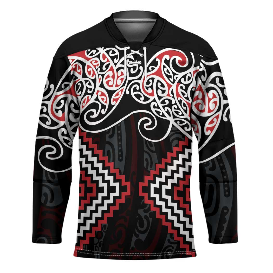 Red Aotearoa Tukutuku Manawa Tapu Hockey Jersey Ta Moko Toi Maori - Polynesian Pride