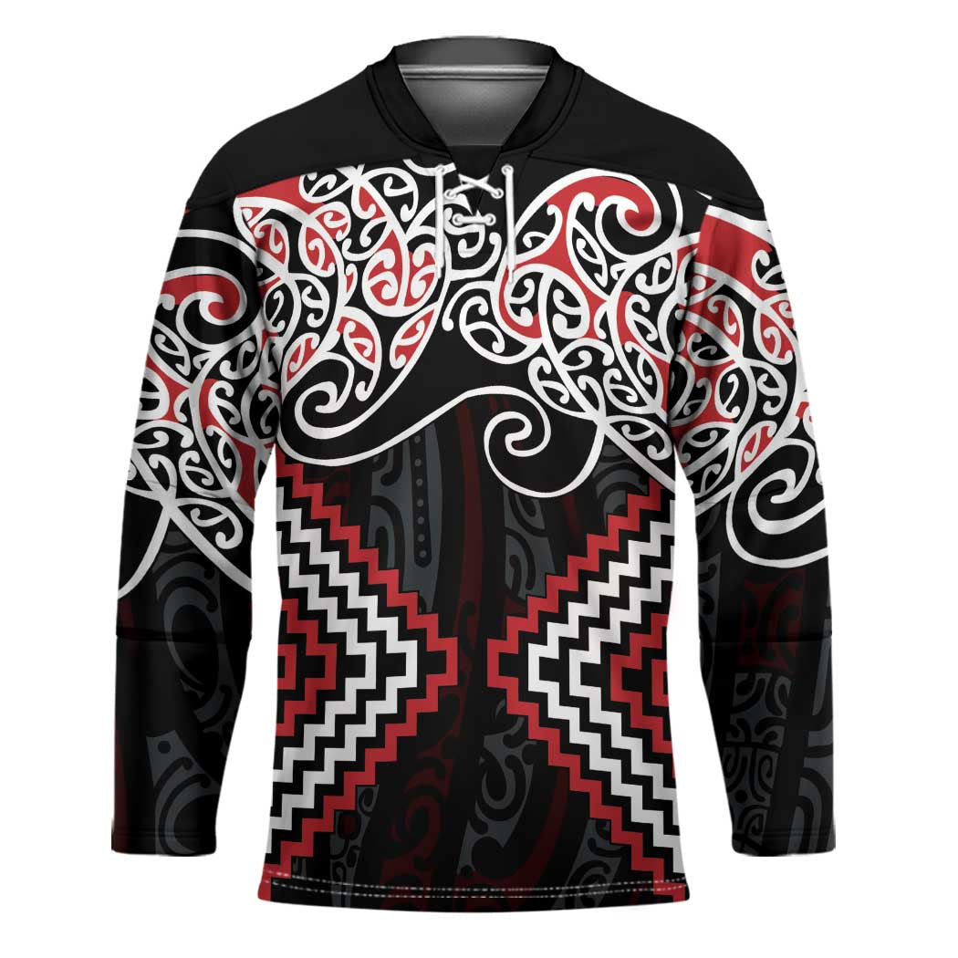 Red Aotearoa Tukutuku Manawa Tapu Hockey Jersey Ta Moko Toi Maori - Polynesian Pride