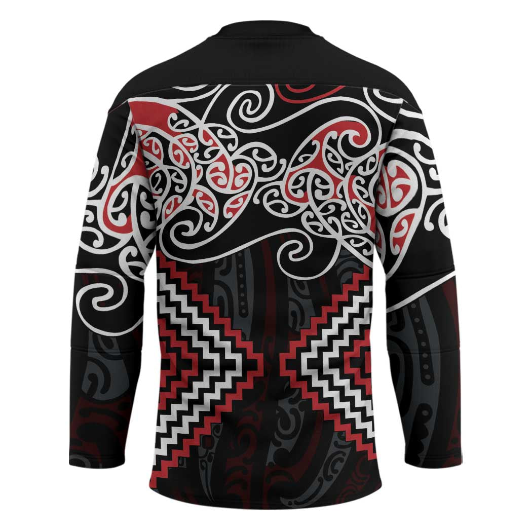 Red Aotearoa Tukutuku Manawa Tapu Hockey Jersey Ta Moko Toi Maori - Polynesian Pride