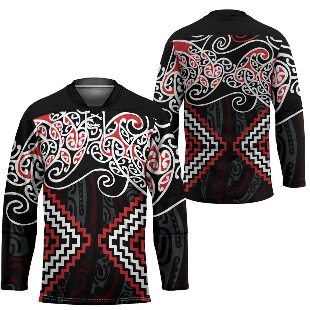 Red Aotearoa Tukutuku Manawa Tapu Hockey Jersey Ta Moko Toi Maori - Polynesian Pride