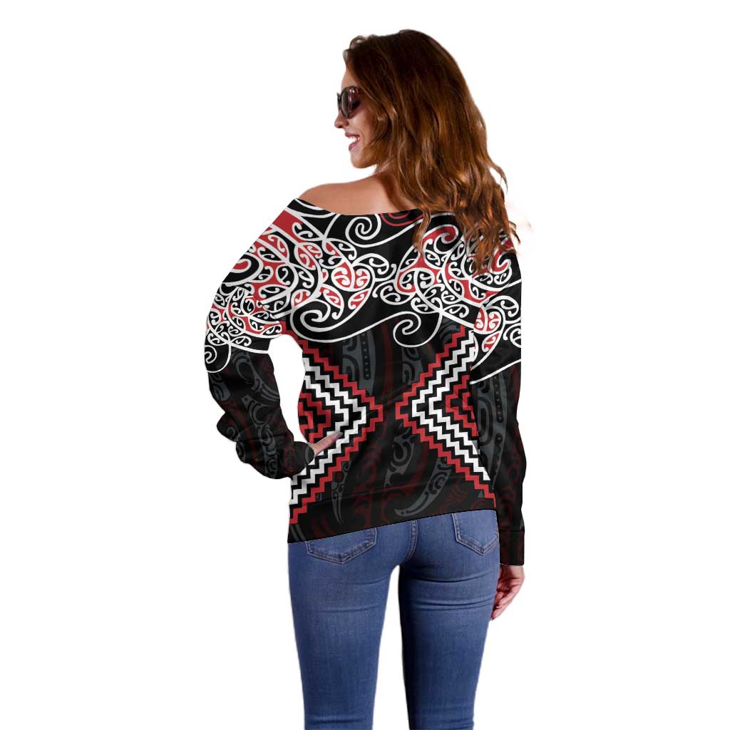Red Aotearoa Tukutuku Manawa Tapu Off Shoulder Sweater Ta Moko Toi Maori