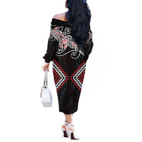 Red Aotearoa Tukutuku Manawa Tapu Off The Shoulder Long Sleeve Dress Ta Moko Toi Maori