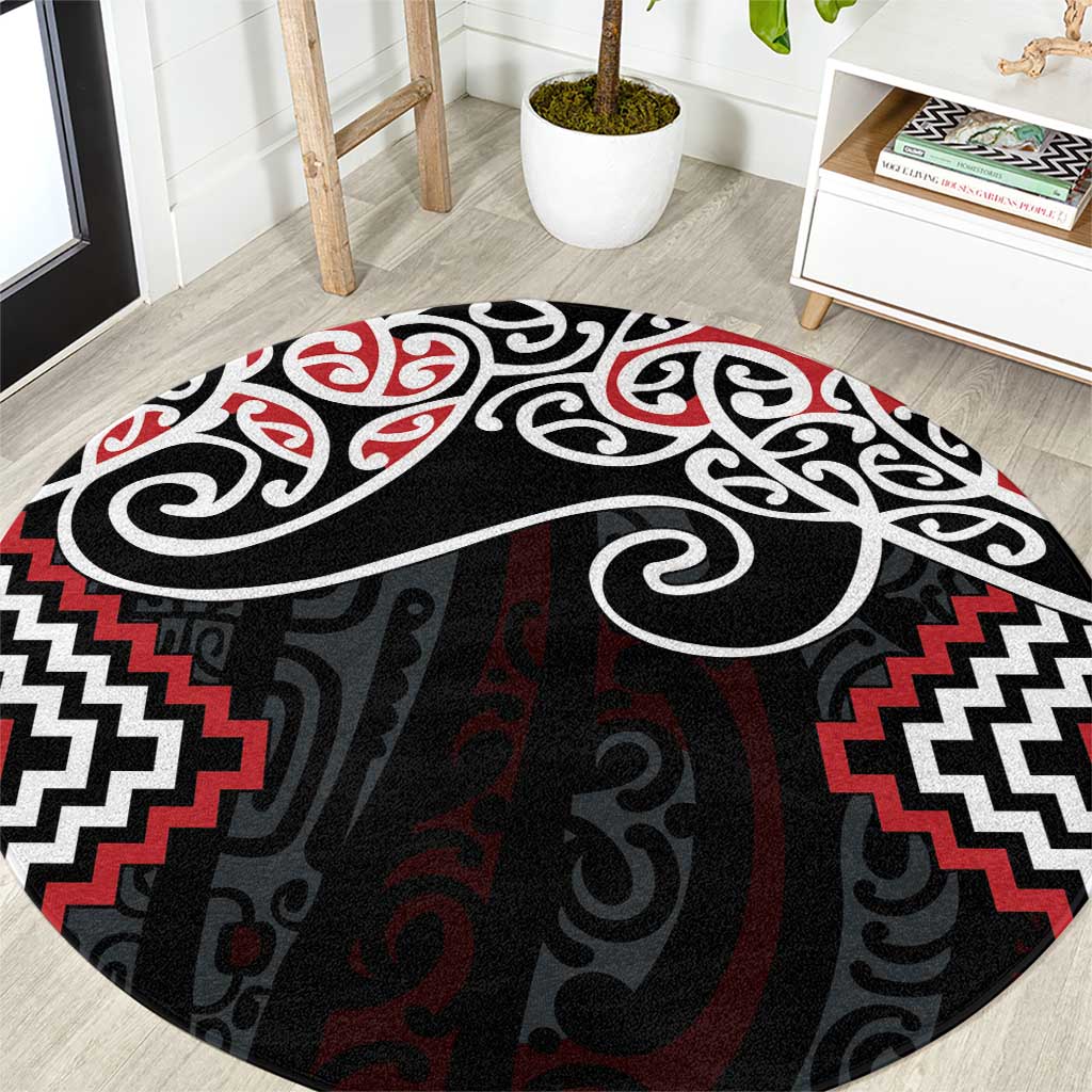 Red Aotearoa Tukutuku Manawa Tapu Round Carpet Ta Moko Toi Maori LT9 Red - Polynesian Pride