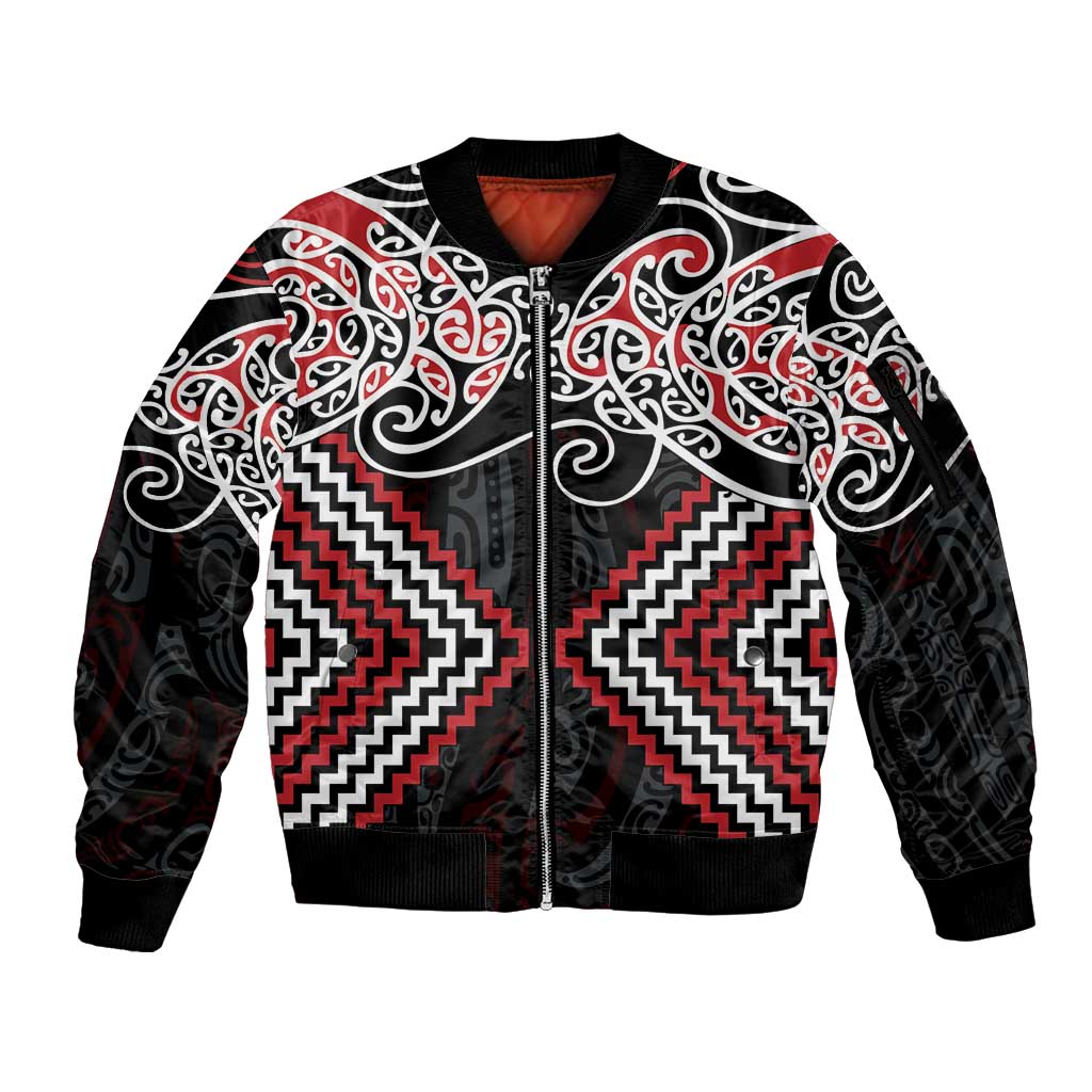 Red Aotearoa Tukutuku Manawa Tapu Sleeve Zip Bomber Jacket Ta Moko Toi Maori LT9 Unisex Red - Polynesian Pride