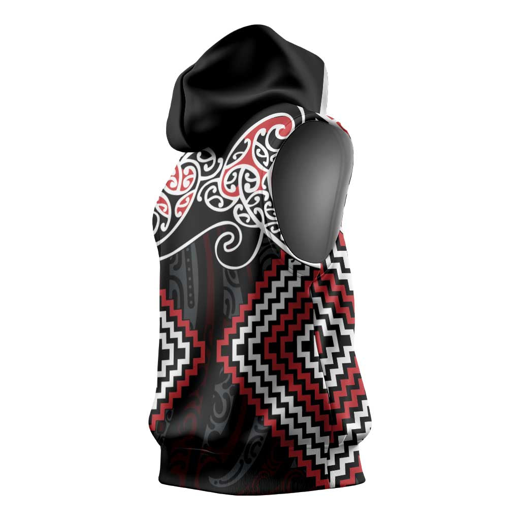 Red Aotearoa Tukutuku Manawa Tapu Sleeveless Hoodie Ta Moko Toi Maori - Polynesian Pride