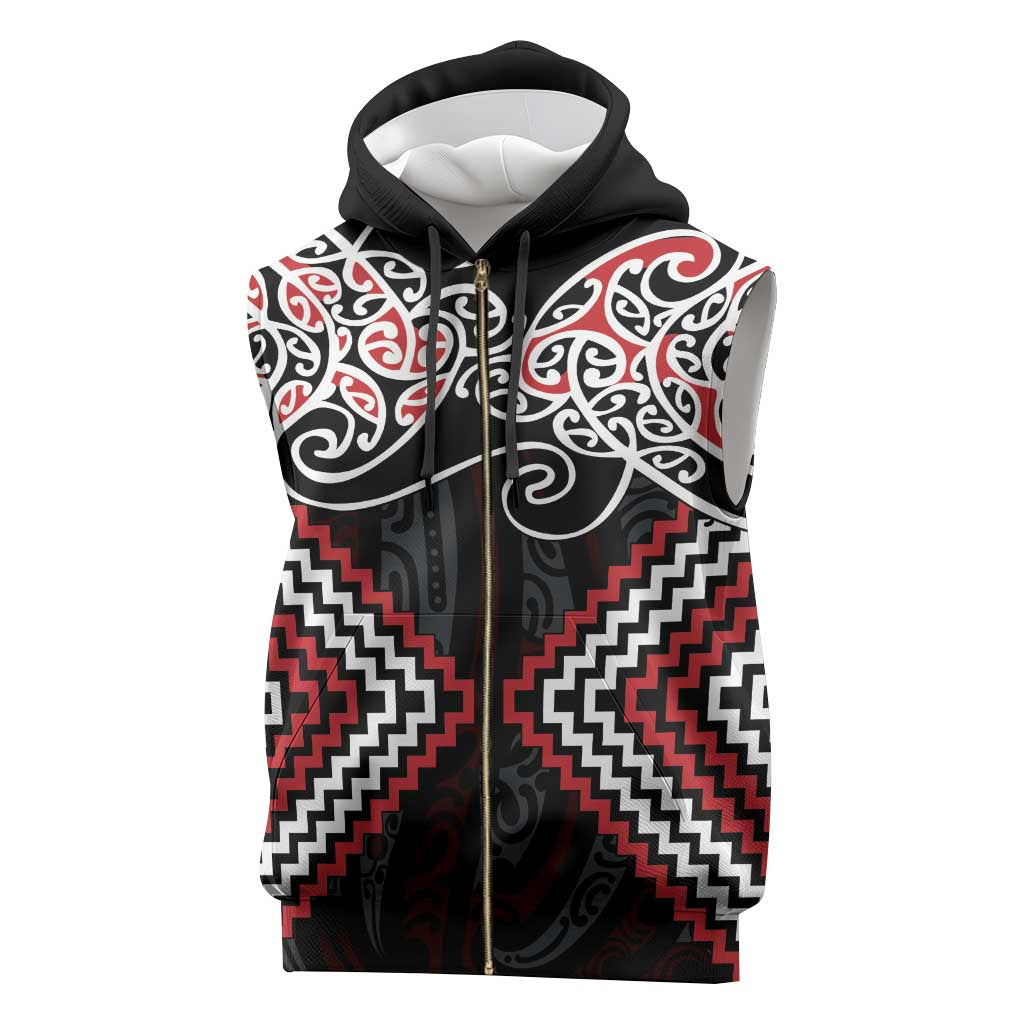 Red Aotearoa Tukutuku Manawa Tapu Sleeveless Zip Hoodie Ta Moko Toi Maori - Polynesian Pride