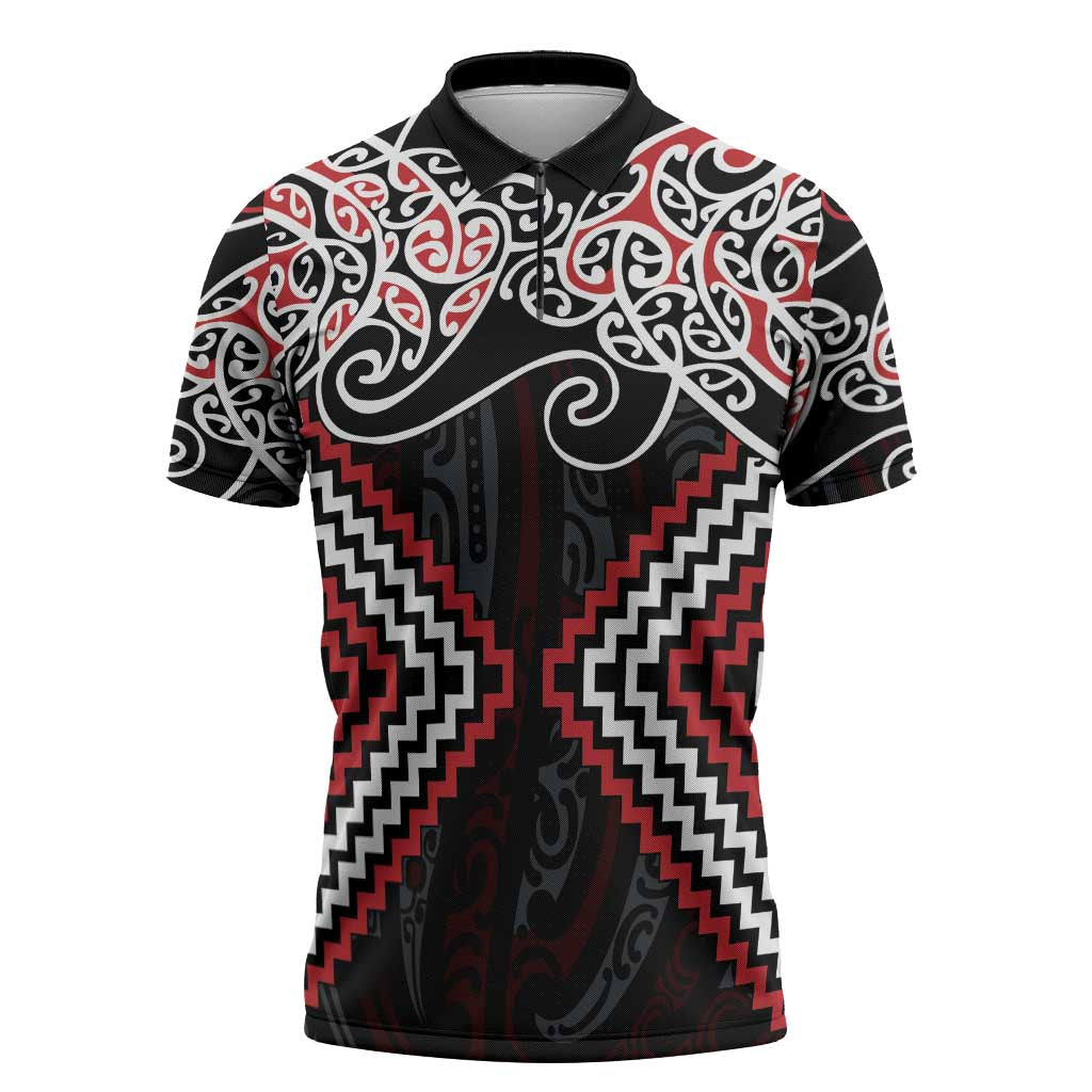 Red Aotearoa Tukutuku Manawa Tapu Zipper Polo Shirt Ta Moko Toi Maori - Polynesian Pride