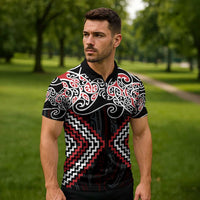 Red Aotearoa Tukutuku Manawa Tapu Zipper Polo Shirt Ta Moko Toi Maori - Polynesian Pride