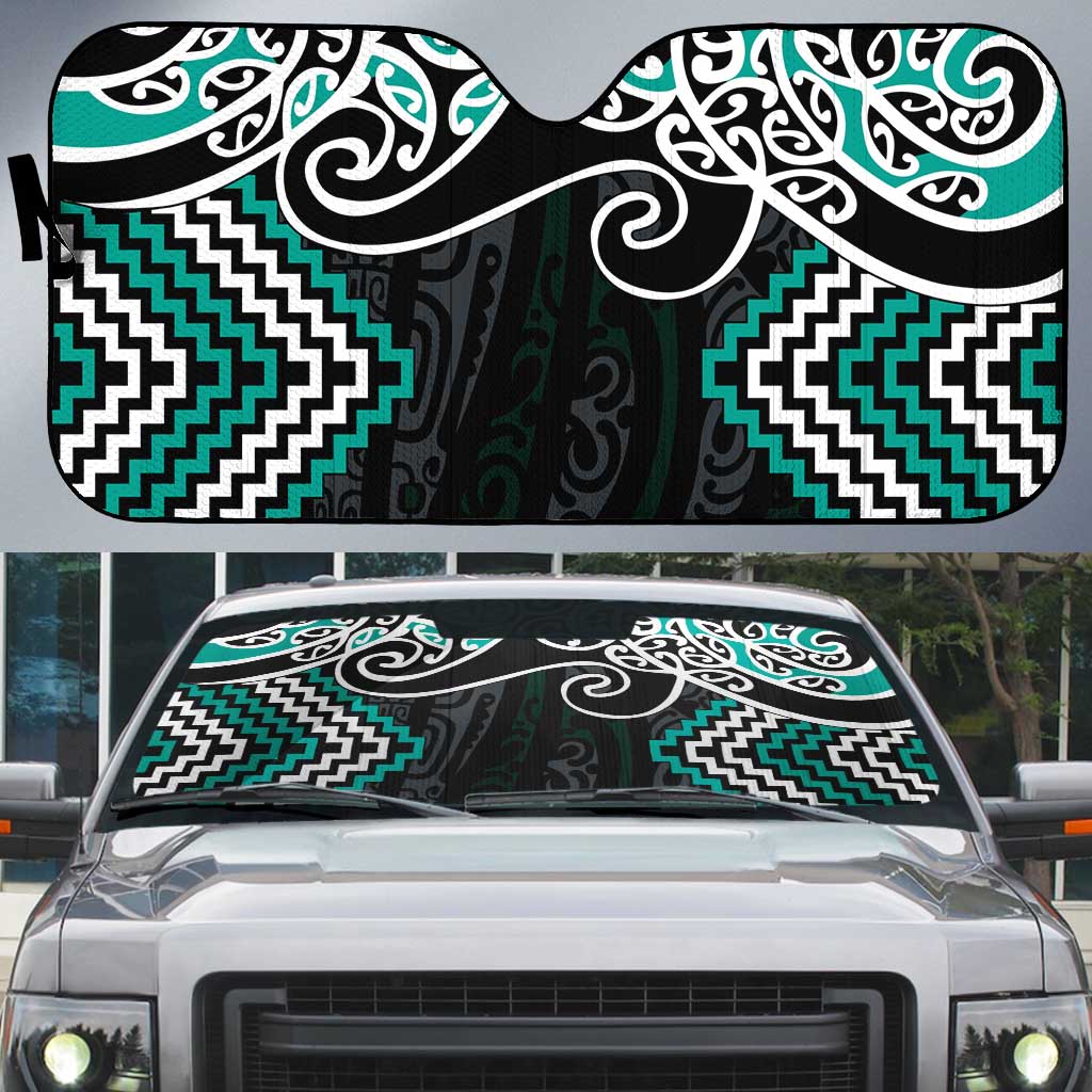 Turquoise Aotearoa Tukutuku Manawa Tapu Auto Sun Shade Ta Moko Toi Maori LT9 Turquoise - Polynesian Pride