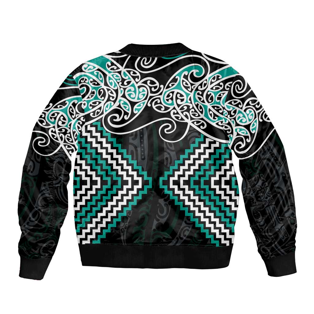 Turquoise Aotearoa Tukutuku Manawa Tapu Bomber Jacket Ta Moko Toi Maori LT9 - Polynesian Pride