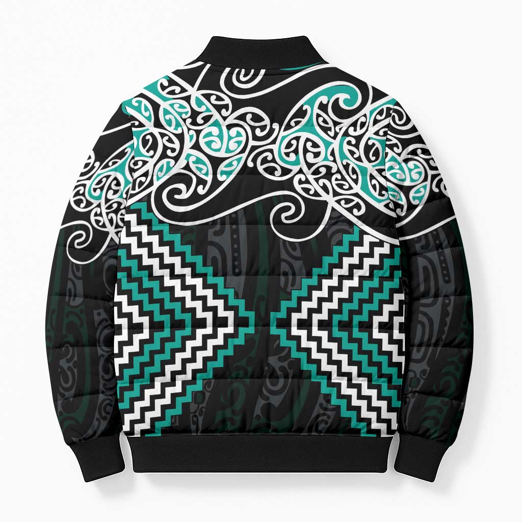 Turquoise Aotearoa Tukutuku Manawa Tapu Bomber Puffer Jacket Ta Moko Toi Maori - Polynesian Pride