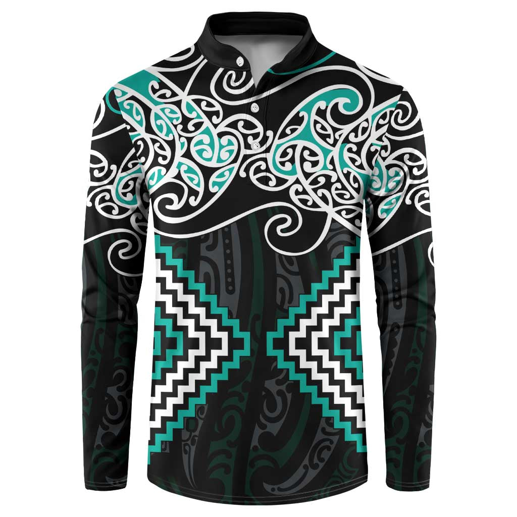 Turquoise Aotearoa Tukutuku Manawa Tapu Button Sweatshirt Ta Moko Toi Maori LT9 Turquoise - Polynesian Pride