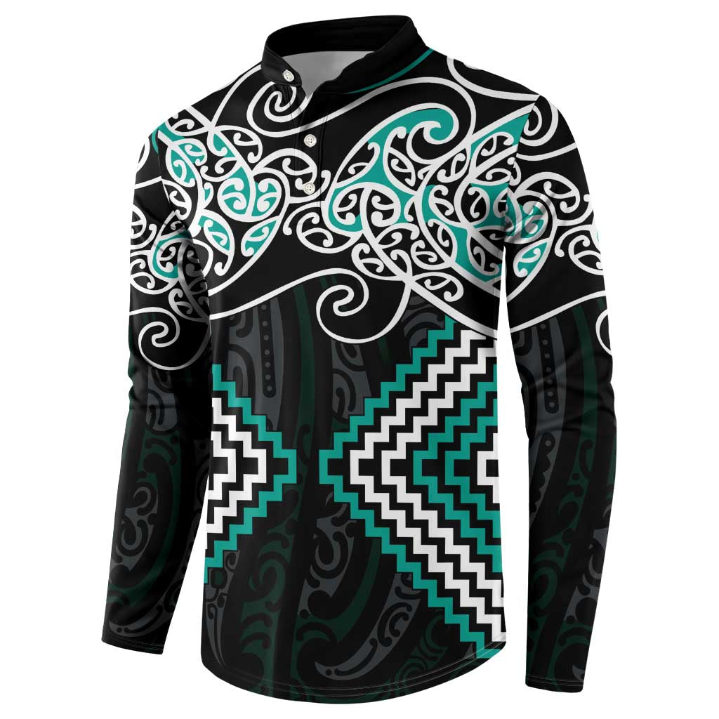 Turquoise Aotearoa Tukutuku Manawa Tapu Button Sweatshirt Ta Moko Toi Maori