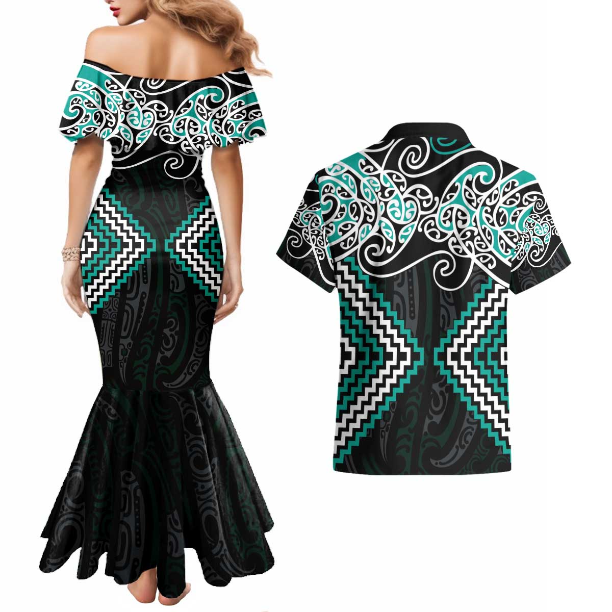 Turquoise Aotearoa Tukutuku Manawa Tapu Couples Matching Mermaid Dress and Hawaiian Shirt Ta Moko Toi Maori LT9 - Polynesian Pride