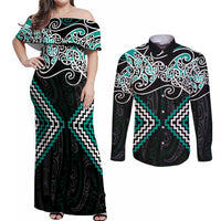 Turquoise Aotearoa Tukutuku Manawa Tapu Couples Matching Off Shoulder Maxi Dress and Long Sleeve Button Shirt Ta Moko Toi Maori LT9 Turquoise - Polynesian Pride