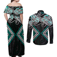 Turquoise Aotearoa Tukutuku Manawa Tapu Couples Matching Off Shoulder Maxi Dress and Long Sleeve Button Shirt Ta Moko Toi Maori LT9 - Polynesian Pride
