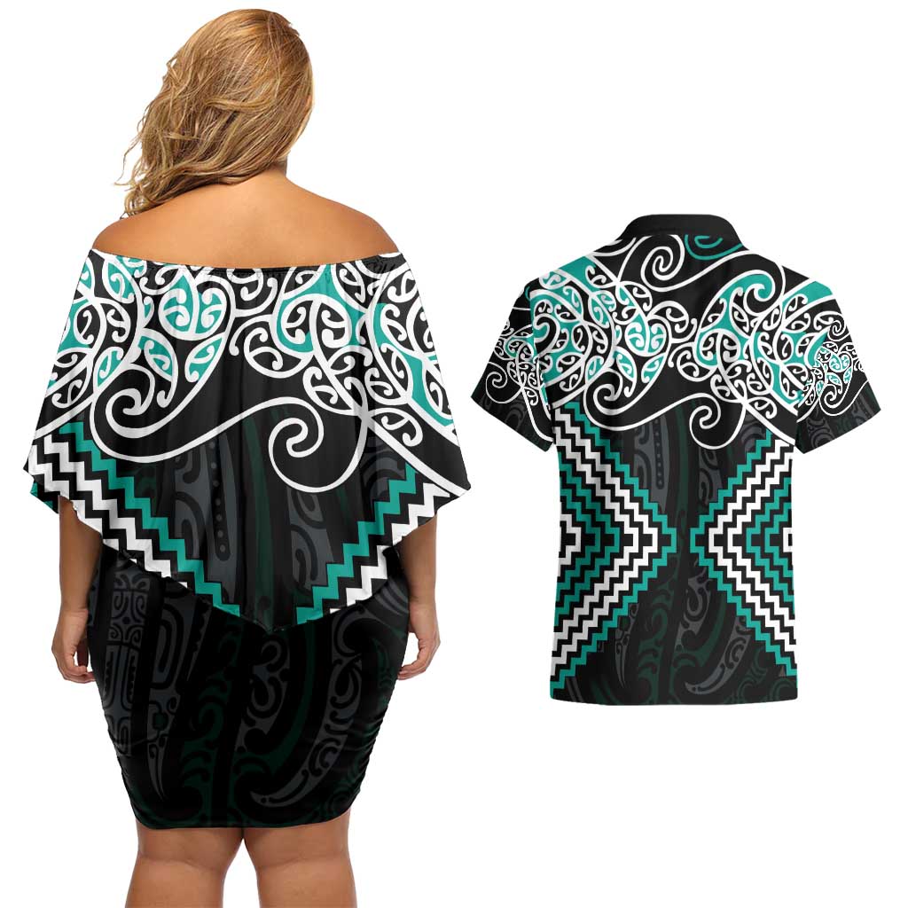 Turquoise Aotearoa Tukutuku Manawa Tapu Couples Matching Off Shoulder Short Dress and Hawaiian Shirt Ta Moko Toi Maori LT9 - Polynesian Pride