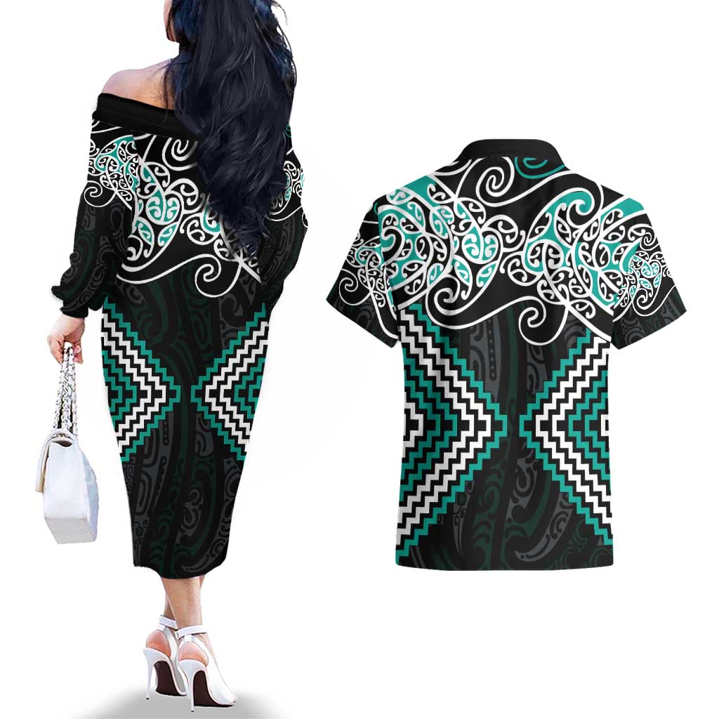 Turquoise Aotearoa Tukutuku Manawa Tapu Couples Matching Off The Shoulder Long Sleeve Dress and Hawaiian Shirt Ta Moko Toi Maori LT9 - Polynesian Pride