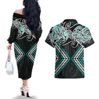Turquoise Aotearoa Tukutuku Manawa Tapu Couples Matching Off The Shoulder Long Sleeve Dress and Hawaiian Shirt Ta Moko Toi Maori LT9 - Polynesian Pride