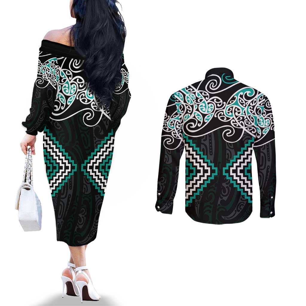 Turquoise Aotearoa Tukutuku Manawa Tapu Couples Matching Off The Shoulder Long Sleeve Dress and Long Sleeve Button Shirt Ta Moko Toi Maori LT9 - Polynesian Pride
