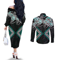 Turquoise Aotearoa Tukutuku Manawa Tapu Couples Matching Off The Shoulder Long Sleeve Dress and Long Sleeve Button Shirt Ta Moko Toi Maori LT9 - Polynesian Pride