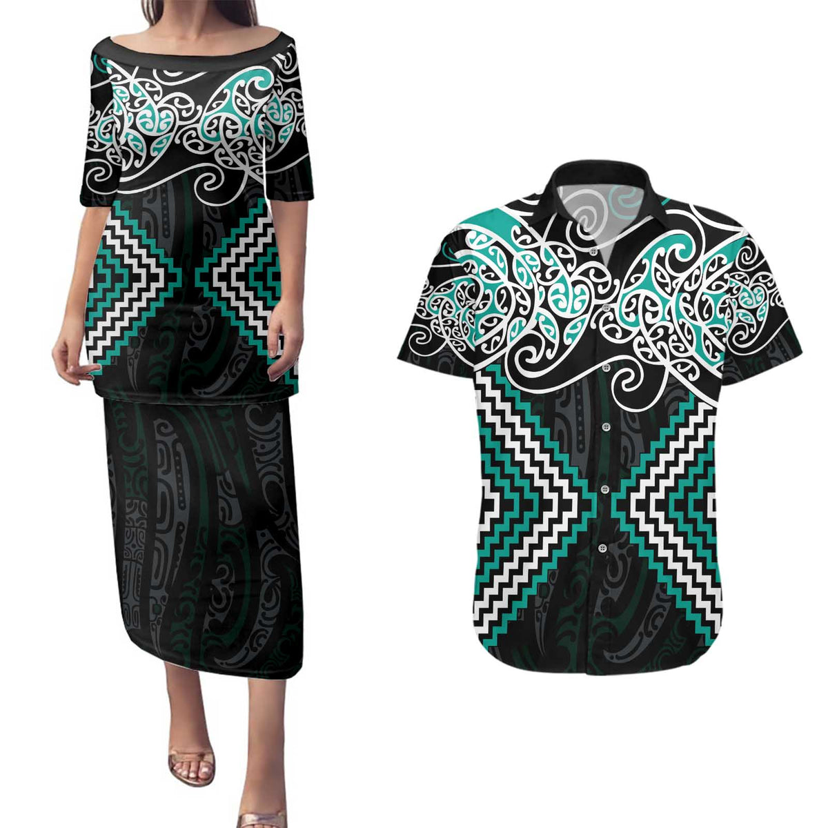 Turquoise Aotearoa Tukutuku Manawa Tapu Couples Matching Puletasi and Hawaiian Shirt Ta Moko Toi Maori LT9 Turquoise - Polynesian Pride
