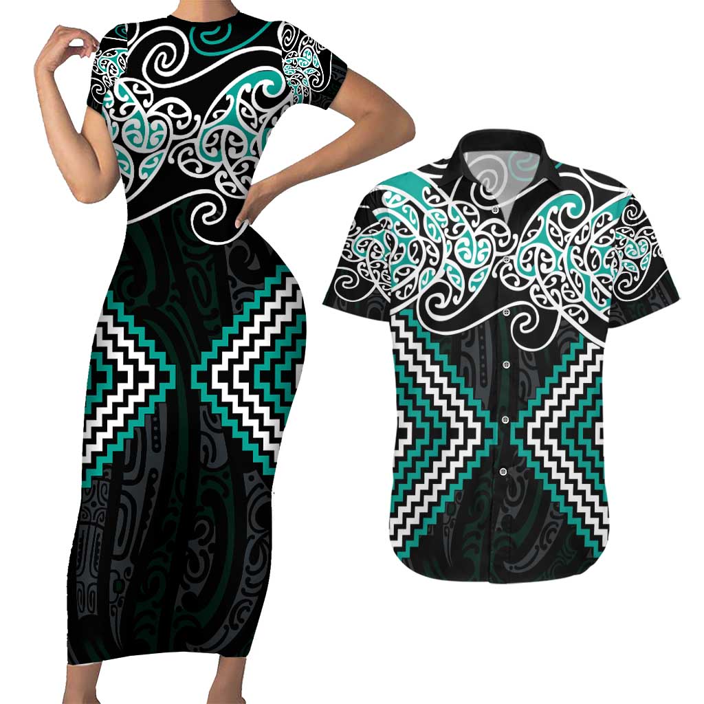 Turquoise Aotearoa Tukutuku Manawa Tapu Couples Matching Short Sleeve Bodycon Dress and Hawaiian Shirt Ta Moko Toi Maori LT9 Turquoise - Polynesian Pride
