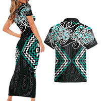 Turquoise Aotearoa Tukutuku Manawa Tapu Couples Matching Short Sleeve Bodycon Dress and Hawaiian Shirt Ta Moko Toi Maori LT9 - Polynesian Pride