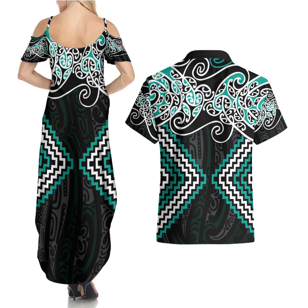 Turquoise Aotearoa Tukutuku Manawa Tapu Couples Matching Summer Maxi Dress and Hawaiian Shirt Ta Moko Toi Maori LT9 - Polynesian Pride